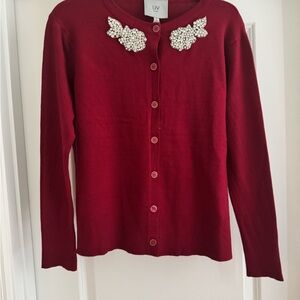 Milano Red Cardigan with Embellished Collar